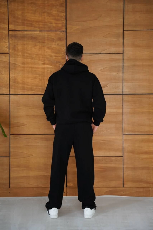 Erkek Kapüşonlu Eşofman Takım Örümcek Ağı ve Neon Yeşil Baskılı Kanguru cepli - Siyah