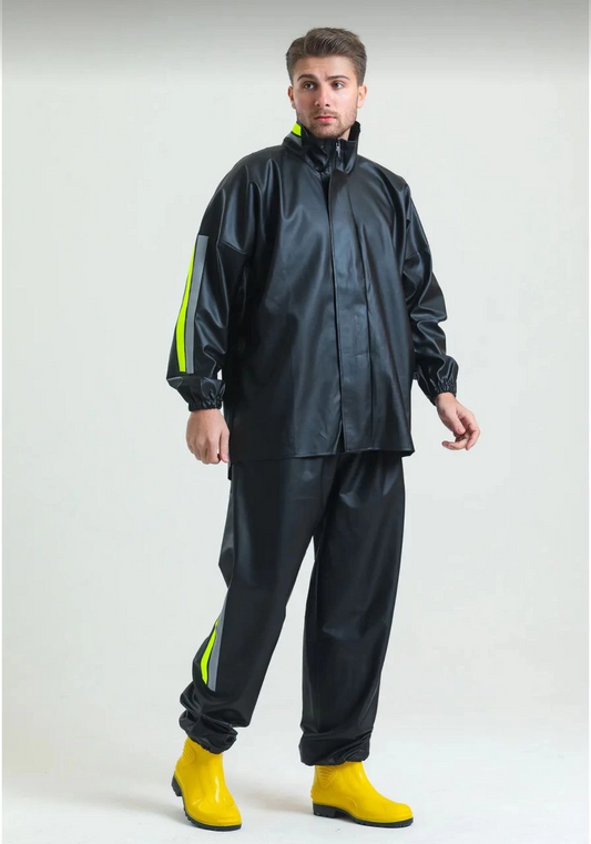 Erkek Premium Motorcu Kurye Yağmurluk Takım Su Geçirmez PVC Kumaş Reflektörlü - Siyah